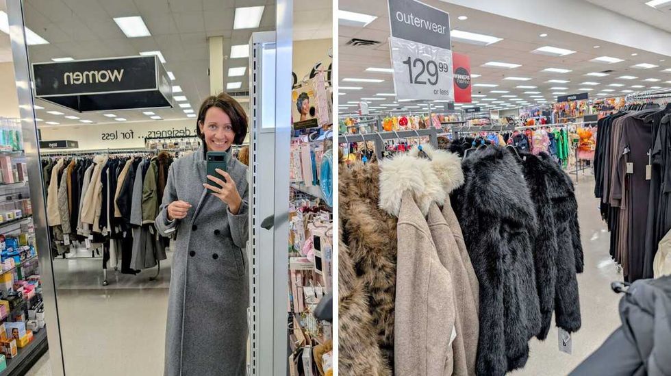 Alona trying on a grey wool coat at Winners. Right: Racks of winter coats and faux-fur jackets on display at Winners.