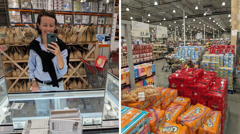 Alona Vasylieva in Costco Canada. Right: Pallets of bulk products at Costco.