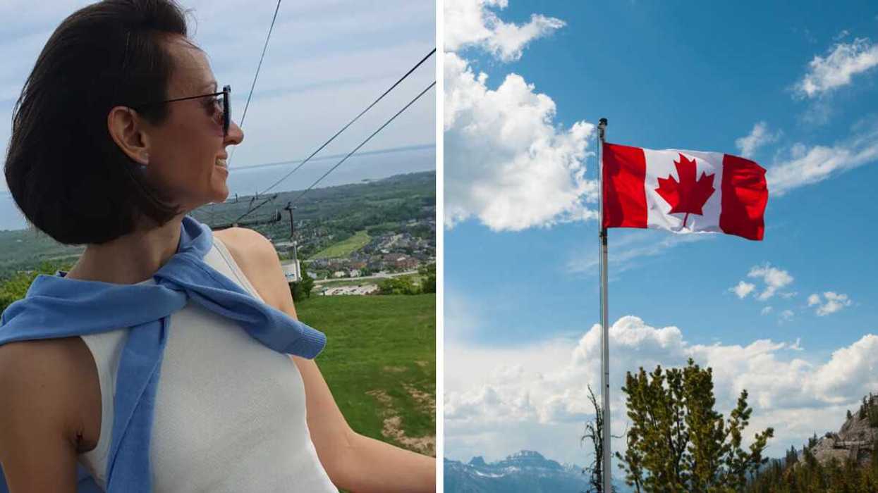 Alona Vasylieva smiles and looks out at a view. Right: A Canadian flag flies in front of a blue sky.