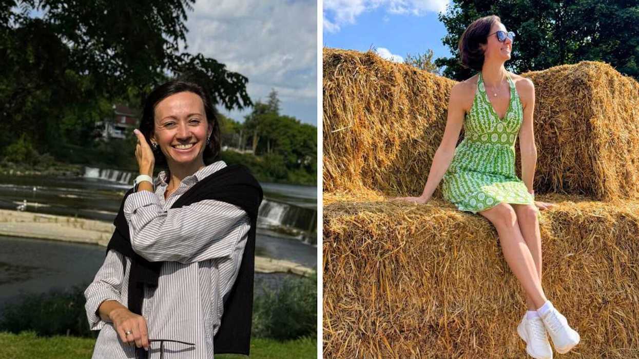 Alona Vasylieva smiles. Right: Alona Vasylieva poses on a haystack in Canada.