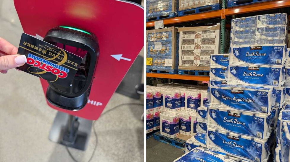 Alona Vasylieva taps her Costco membership card at the entrance. Right: Towering stacks of toilet paper at Costco.
