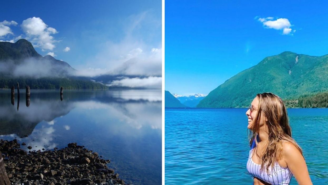 Alouette Lake. Right: A woman at Alouette Lake.