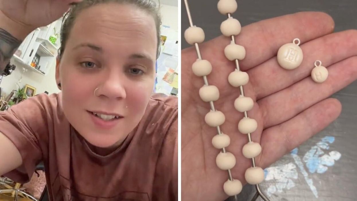Amanda Booth. Right: Jewelry made from semen.