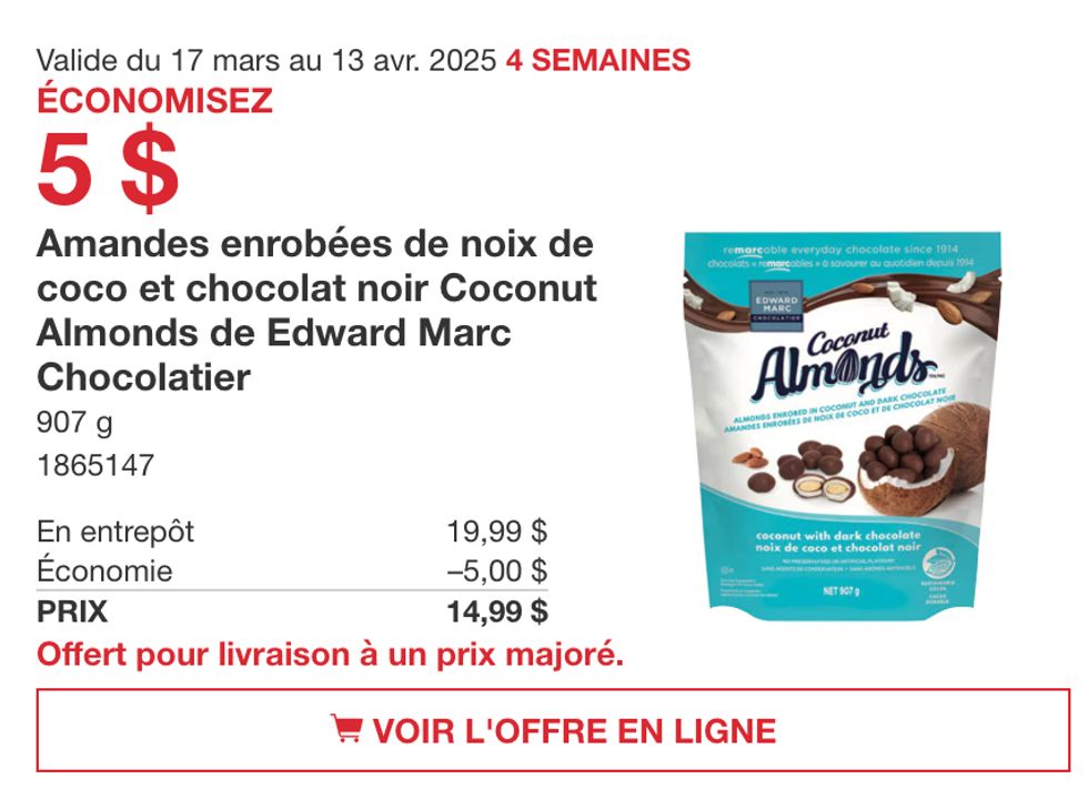 Amandes enrob\u00e9es de noix de coco et chocolat noir Edward Marc Chocolatier dans la circulaire du site de Costco.
