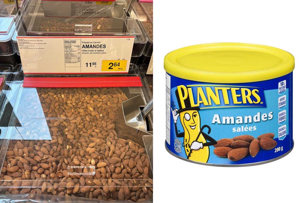 Amandes sal\u00e9es en vente au Bulk Barn. Droite : Un pot d'amandes sal\u00e9es Planters.