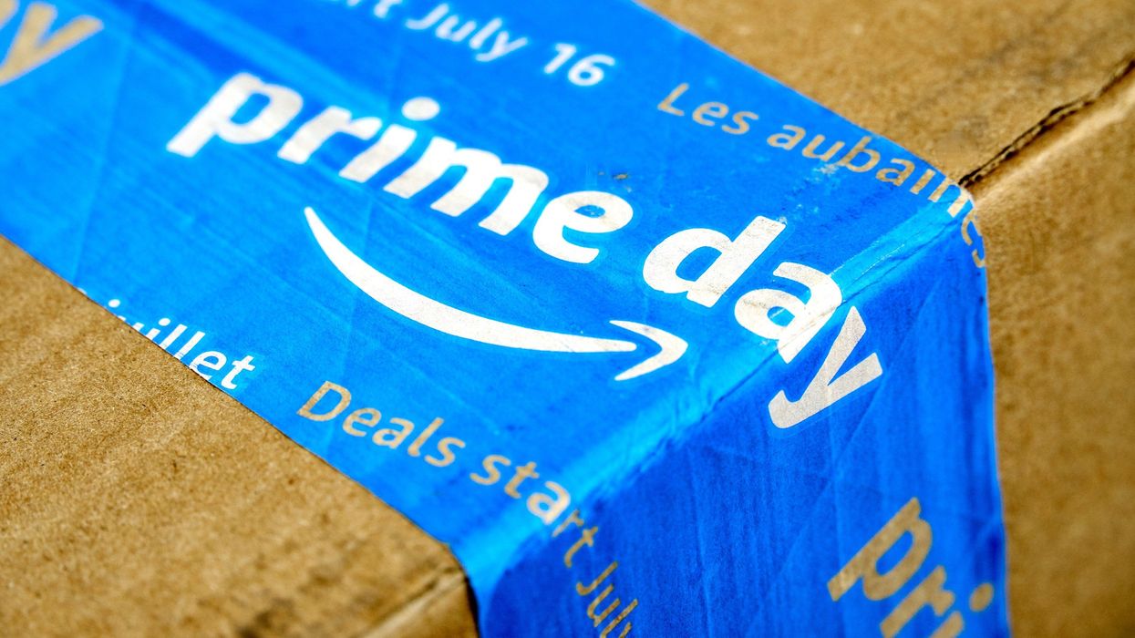 amazon box with blue prime day tape