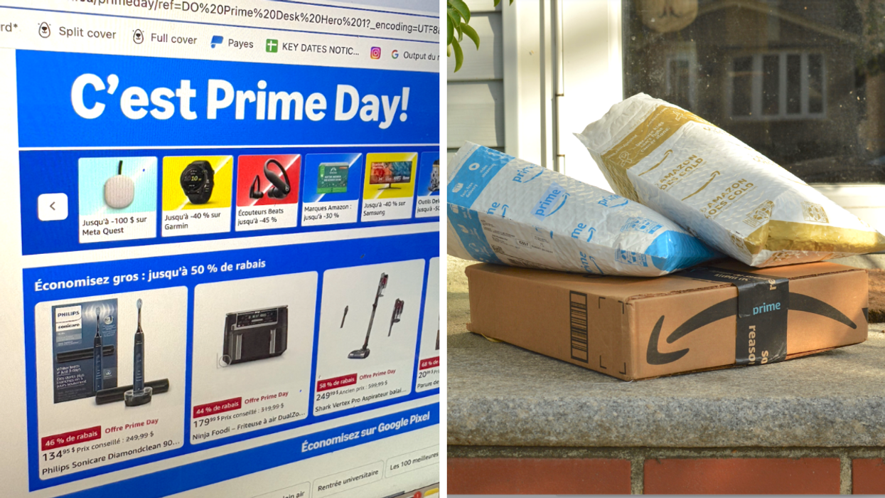 Amazon Canada. Droite : Les boites et sacs de livraison Amazon Prime.