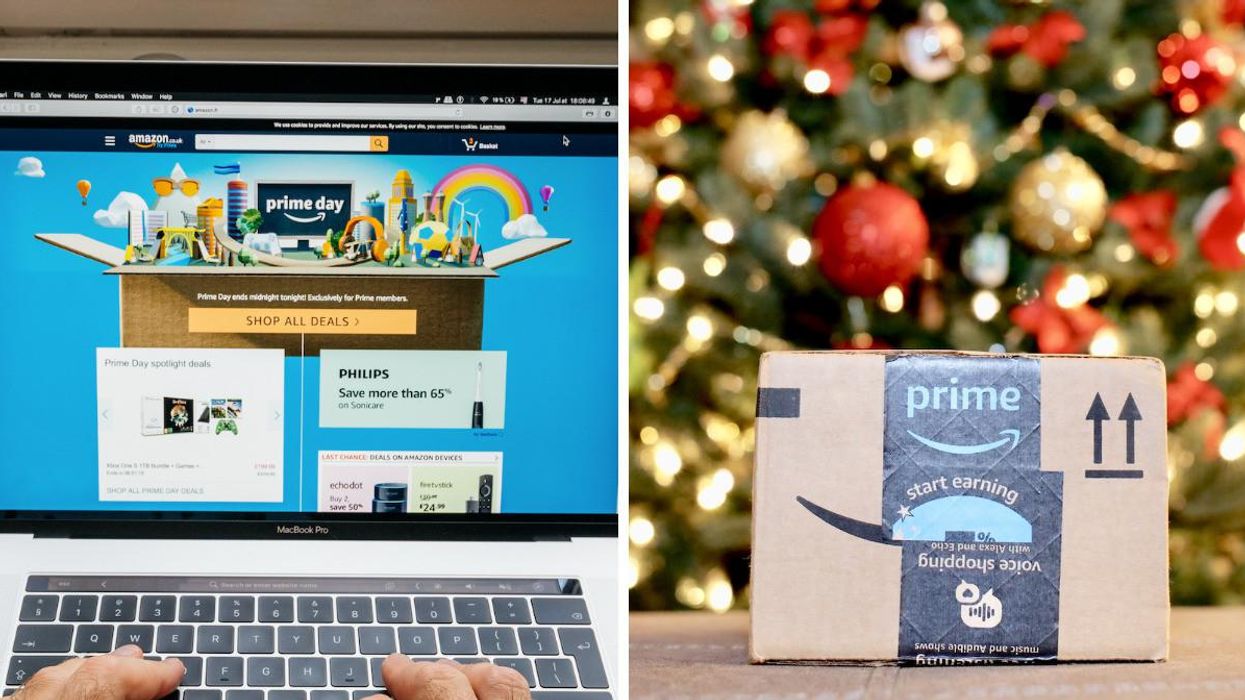 Amazon Canada website. Right: An Amazon Prime delivery.