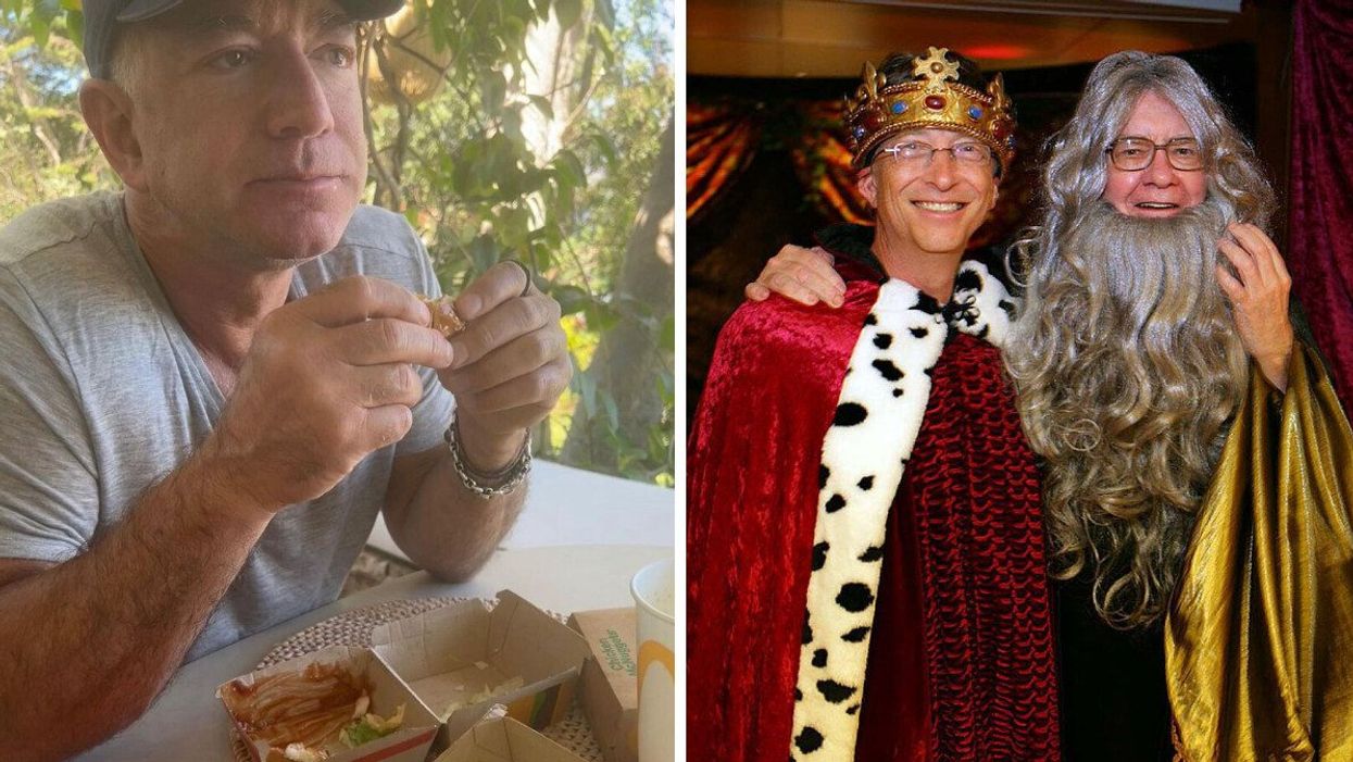 Amazon founder Jeff Bezos eating McDonald’s. Right: Bill Gates and Warren Buffett dressed in costumes.
