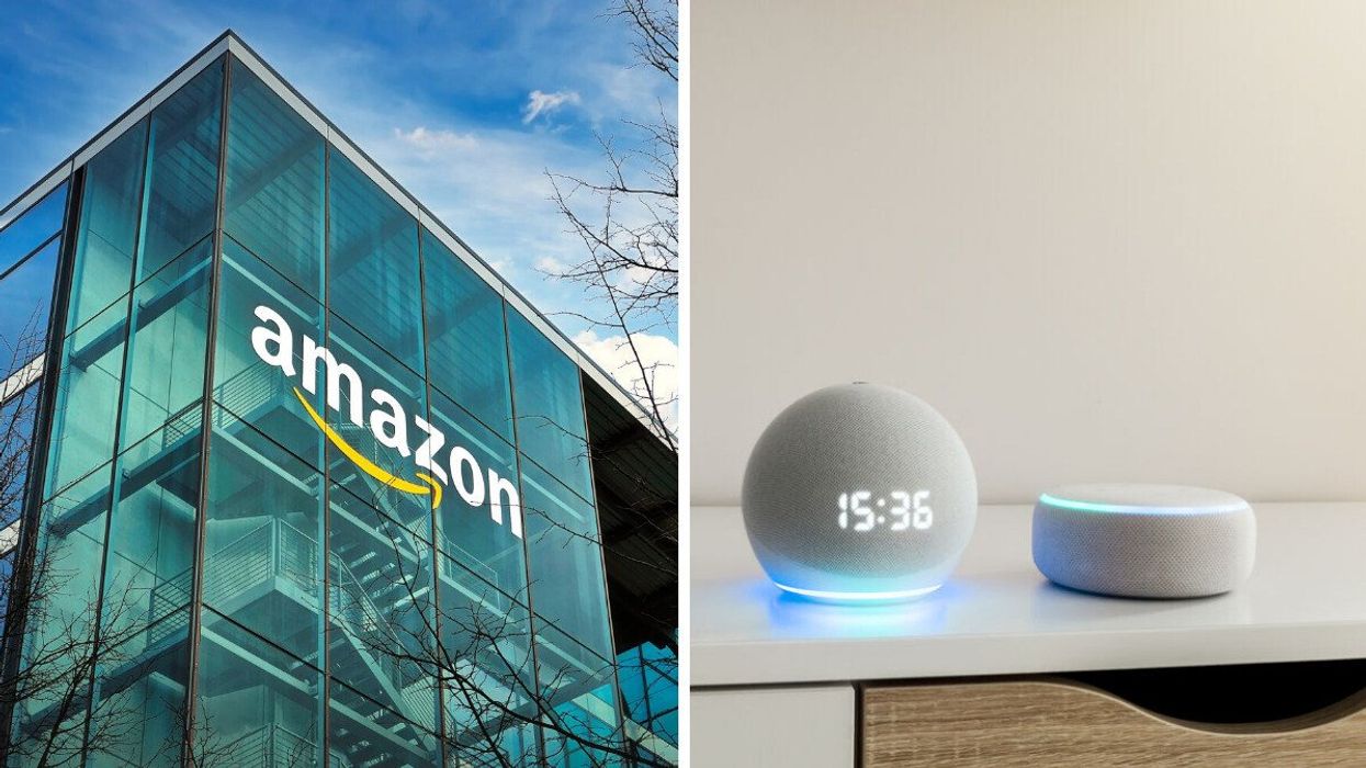 Amazon logo on a building. Right: Amazon Alexa-enabled smart devices.