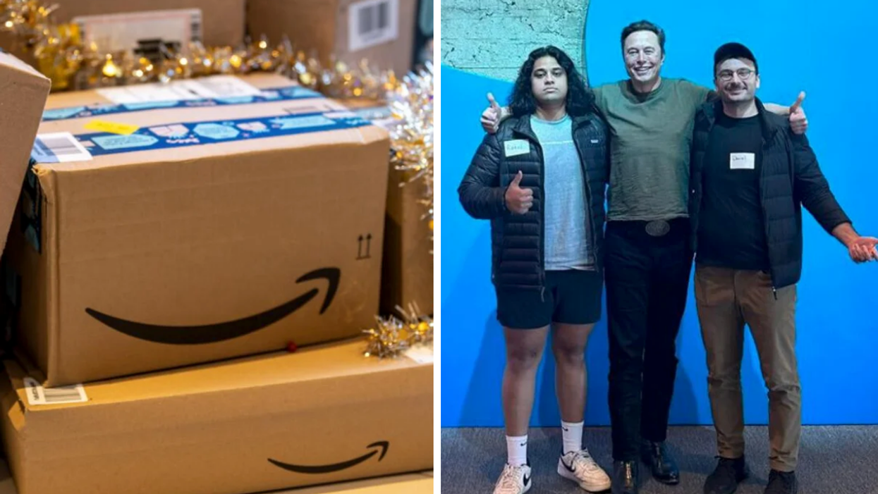 Amazon Prime packages. Right: Elon Musk with two Twitter staff whom he re-hired.
