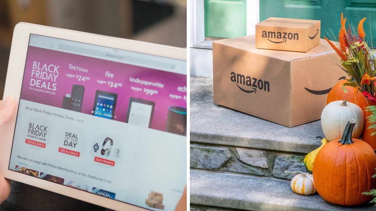 Amazon's Black Friday deals online. Right: Amazon delivery boxes.