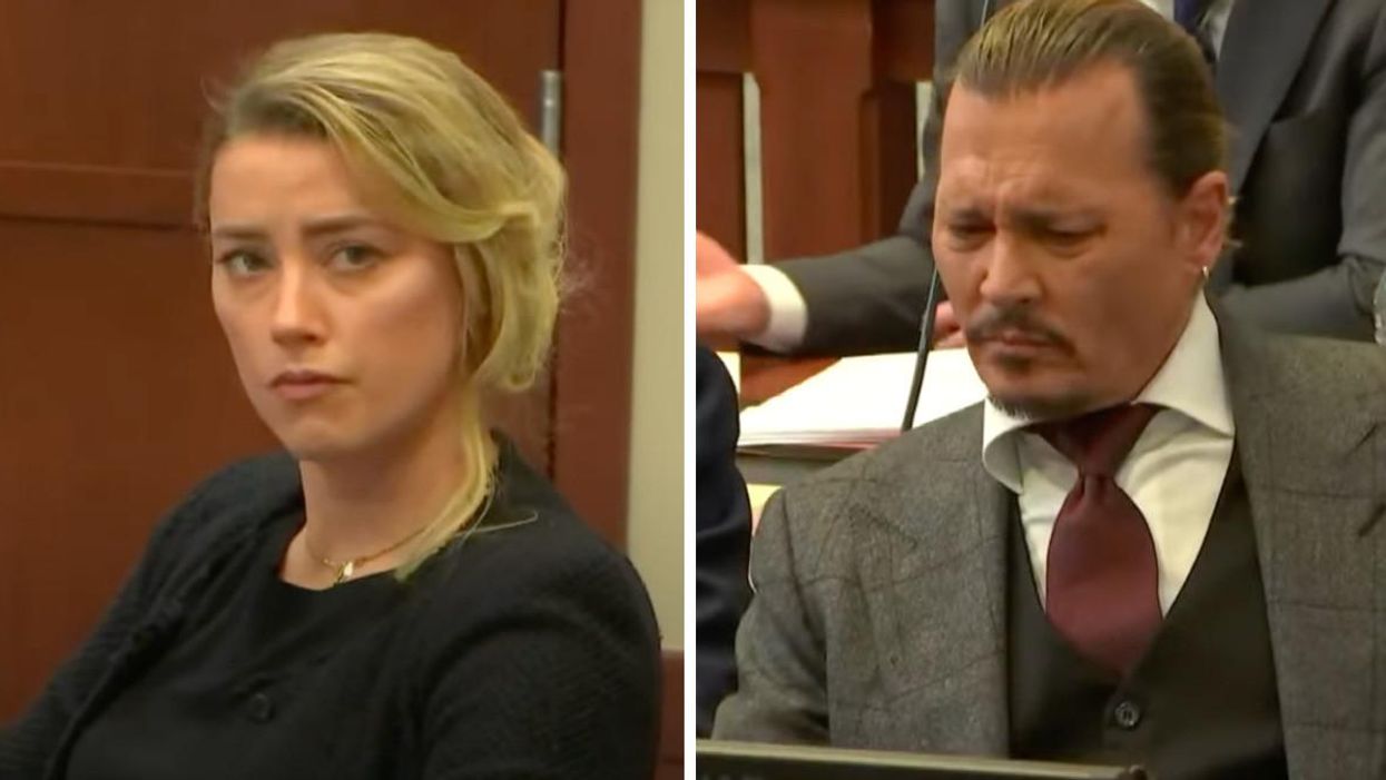 Amber Heard at her defamation trial. Right: Johnny Depp in court.