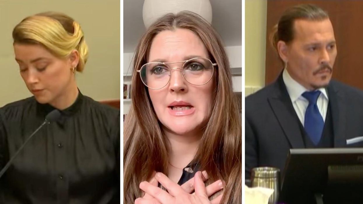 Amber Heard at trial. Middle: Drew Barrymore. Right: Johnny Depp at trial.