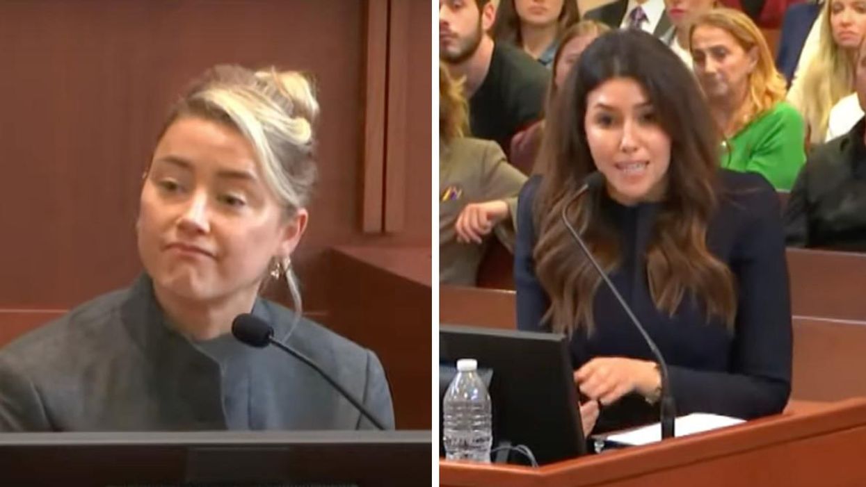 Amber Heard in court. Right: Johnny Depp attorney Camille Vasquez asking questions.