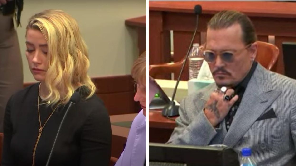 Amber Heard in court. Right: Johnny Depp in court.