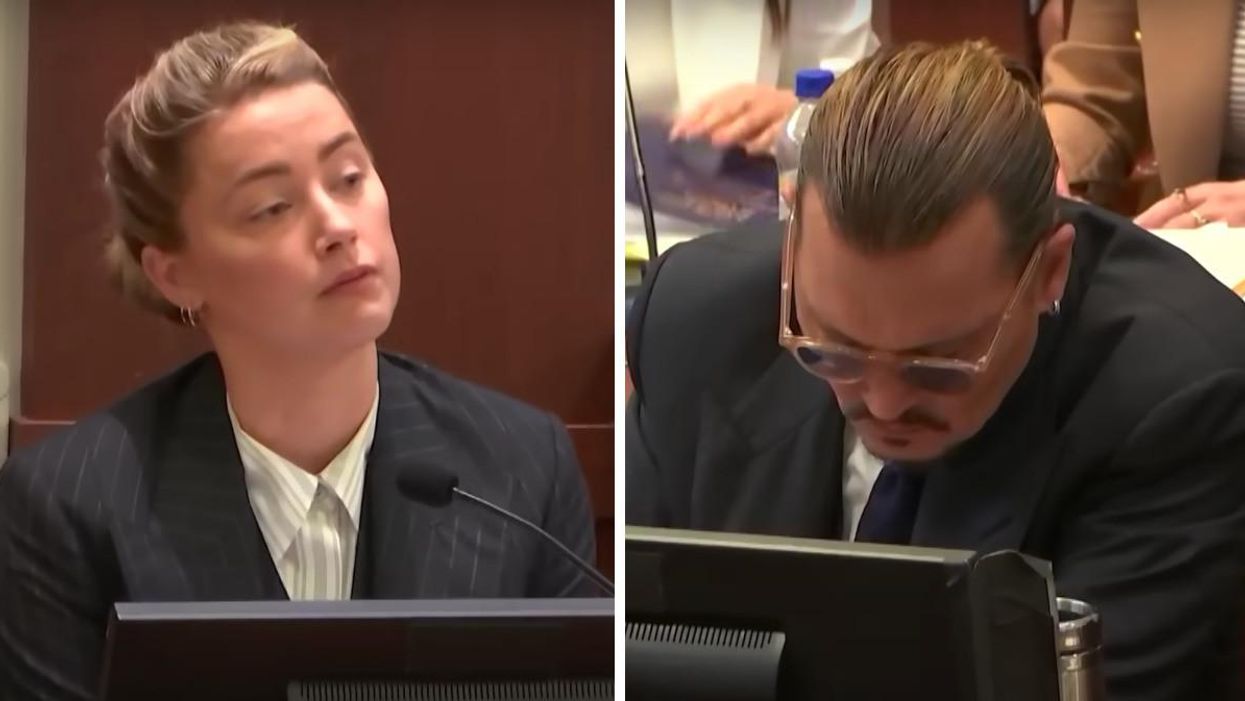 Amber Heard in court. Right: Johnny Depp with his head down.