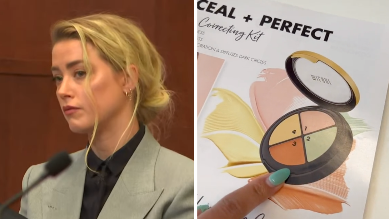 Amber Heard. Right: Milani Cosmetics Correcting Kit.