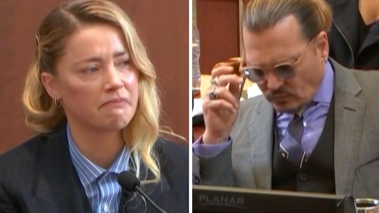 Amber Heard testifying in court. Right: Johnny Depp in court.