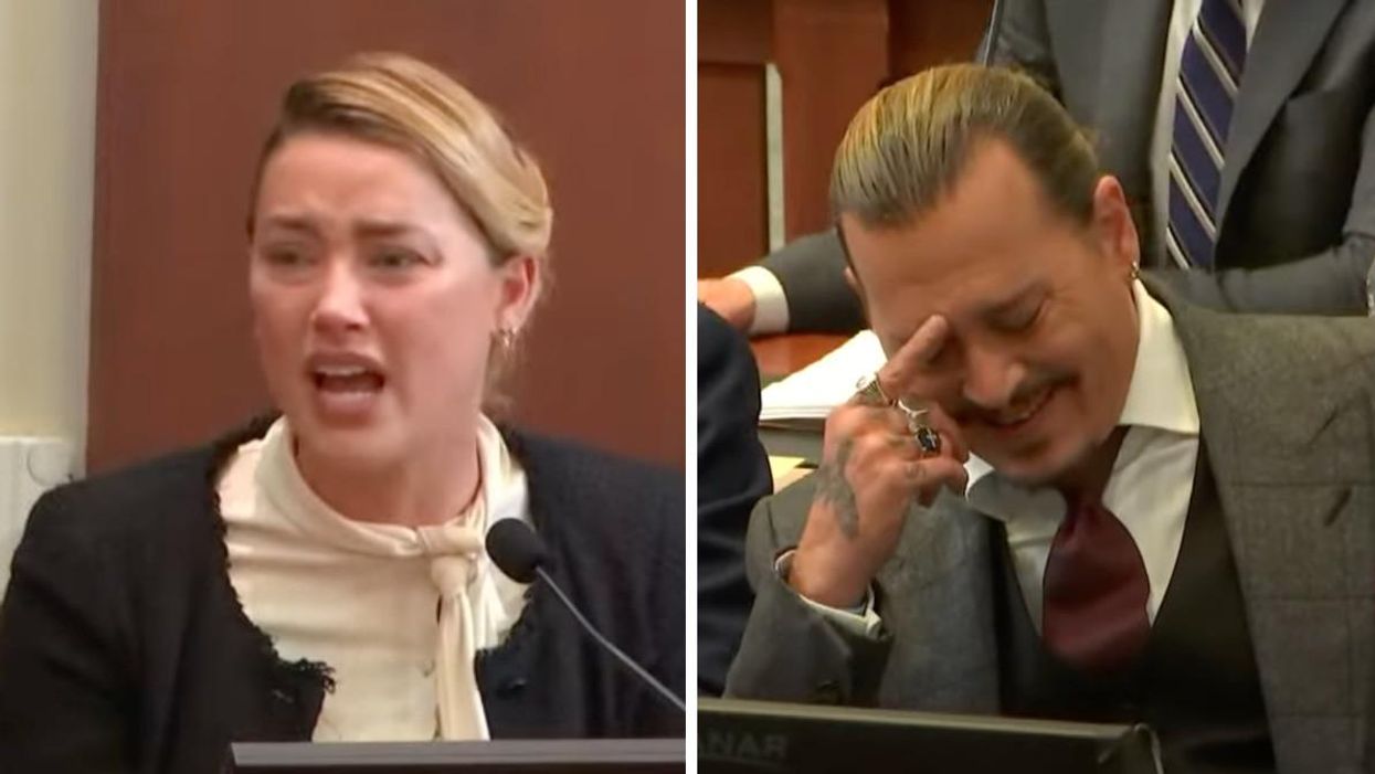 Amber Heard testifying in court. Right: Johnny Depp laughing in court.