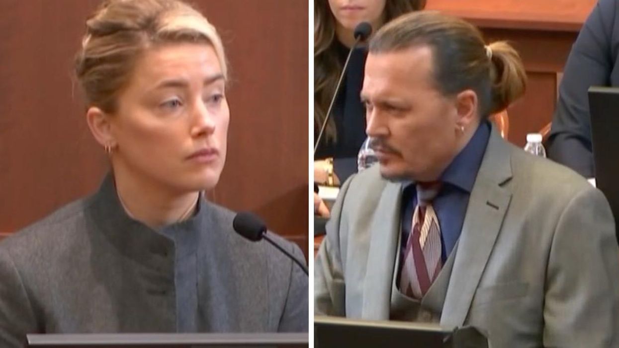 Amber Heard testifying in court. Right: Johnny Depp.