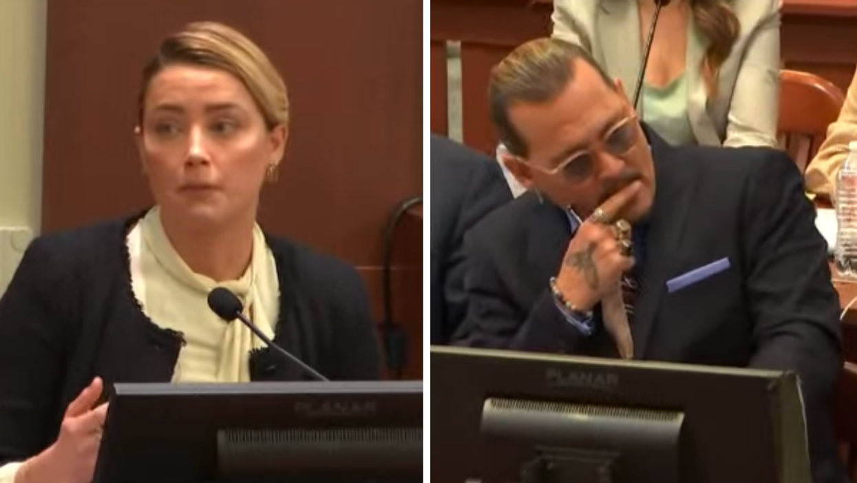 Amber Heard testifying in court. Right: Johnny Depp.