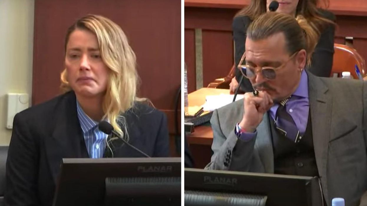 Amber Heard testifying in court. Right: Jonny Depp in court.