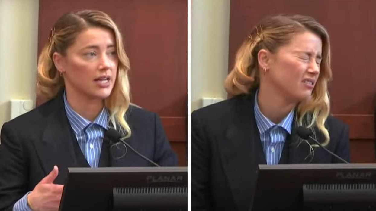 Amber Heard testifying. Right: Amber Heard talking about her dog while taking the stand.