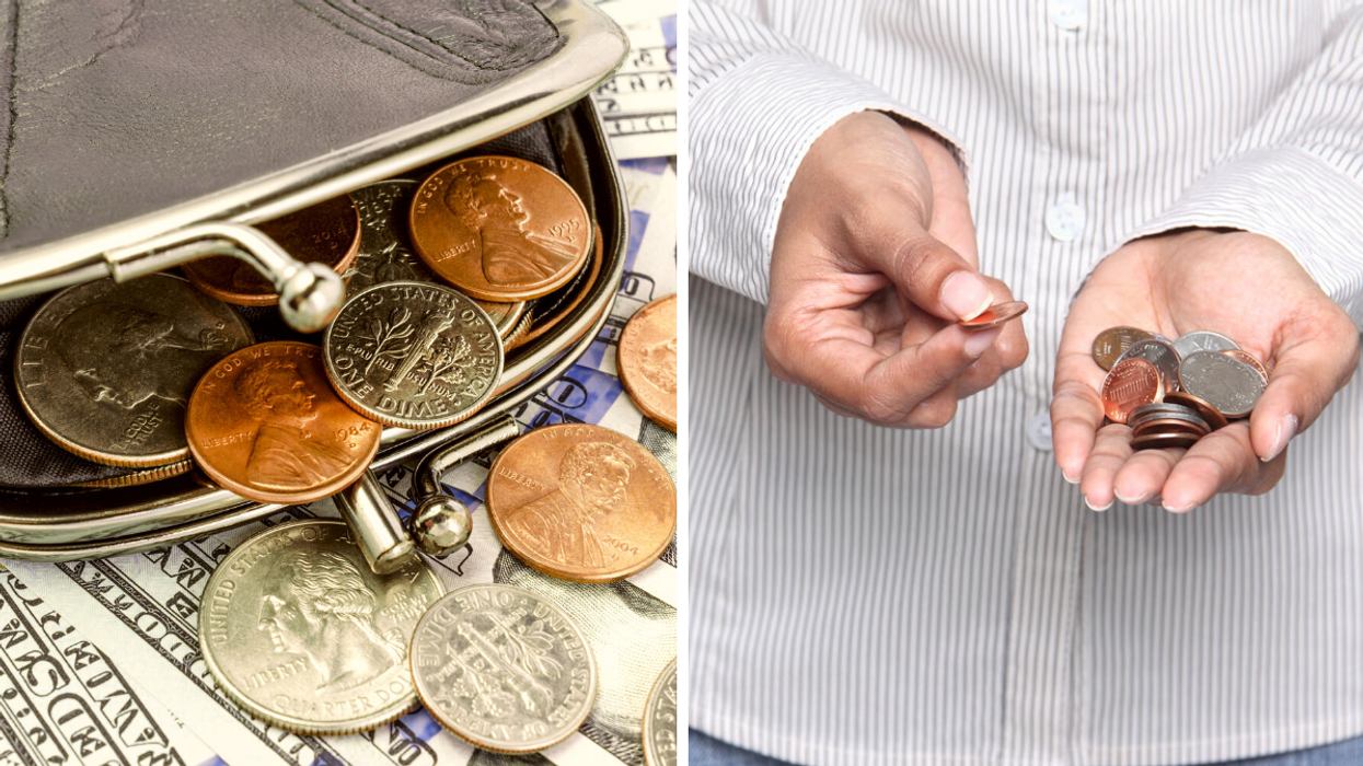 American money in a coin purse. Right: A person holding American coins.