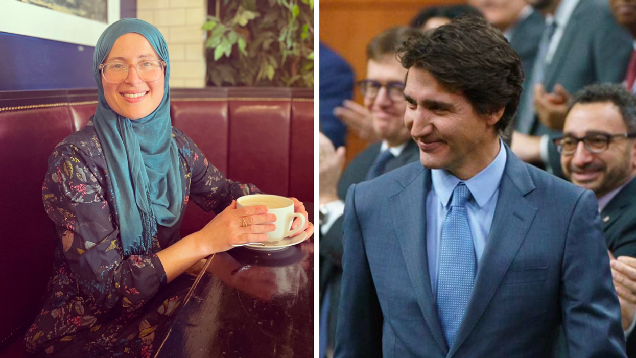 Amira Elghawaby. Droite : Justin Trudeau.