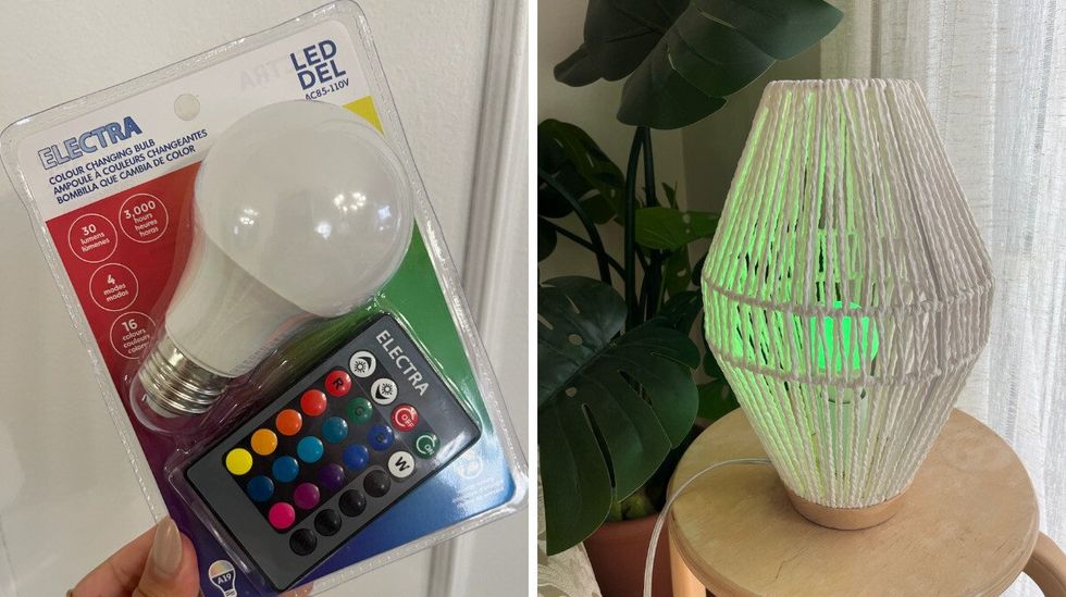 Ampoule \u00e0 couleurs changeantes dans son emballage avec une manette. Droite : Ampoule verte dans une petite lampe de table.