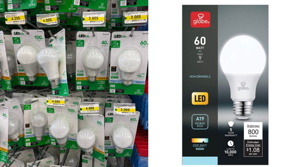 Ampoule \u00e0 DEL, emballage vari\u00e9, au Dollarama. Droite : Ampoule \u00e0 DEL sur le site de Canadian Tire.