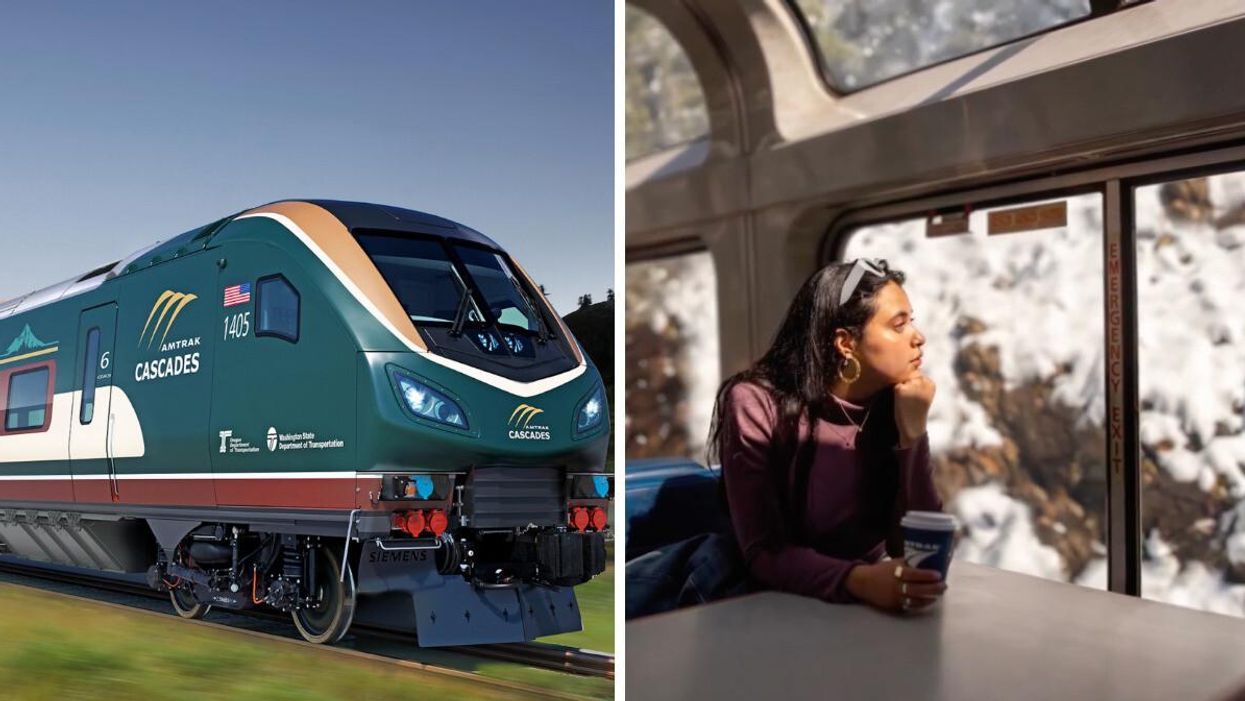 Amtrak Cascades train rendering. Right: someone looking out a train window.