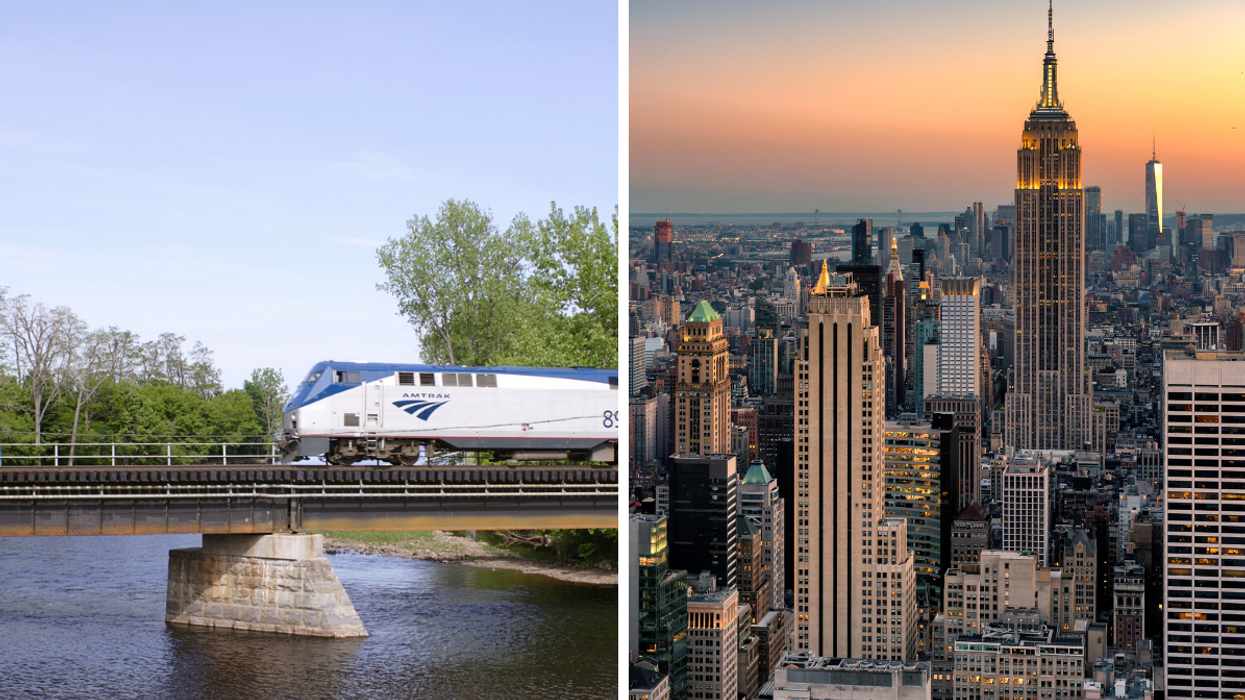 Amtrak train. Right: New York City skyline with the Empire State building in view.
