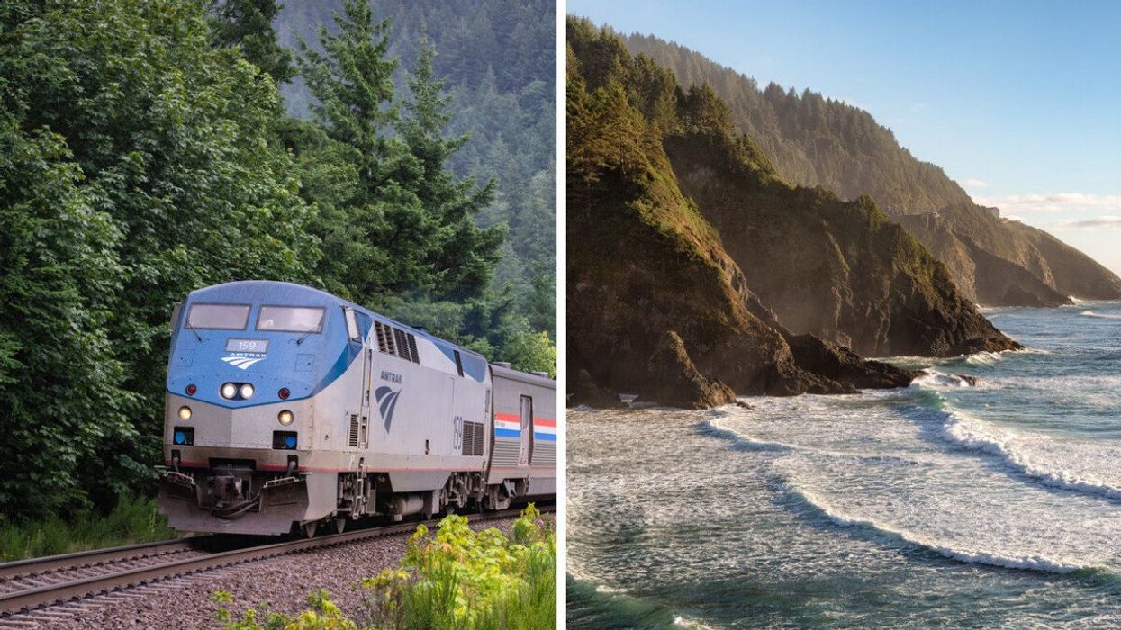 Amtrak train. Right: Pacific northwest coastline.