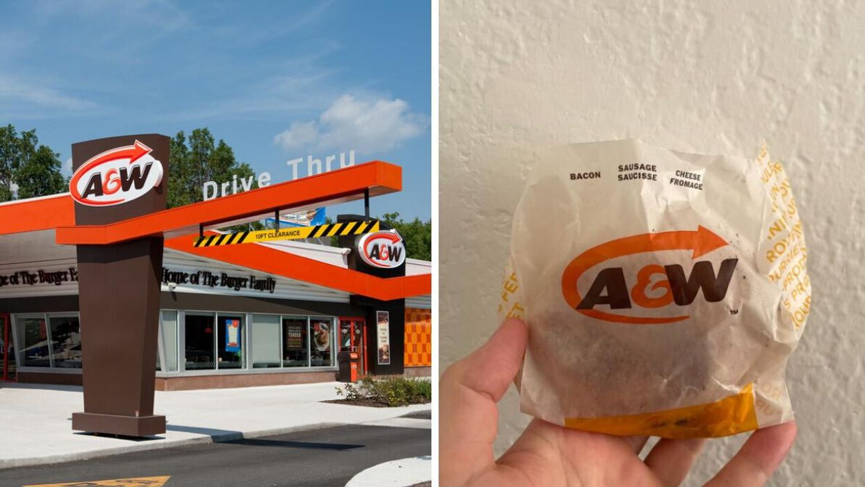 An A&W restaurant. Right: An A&W sandwich.