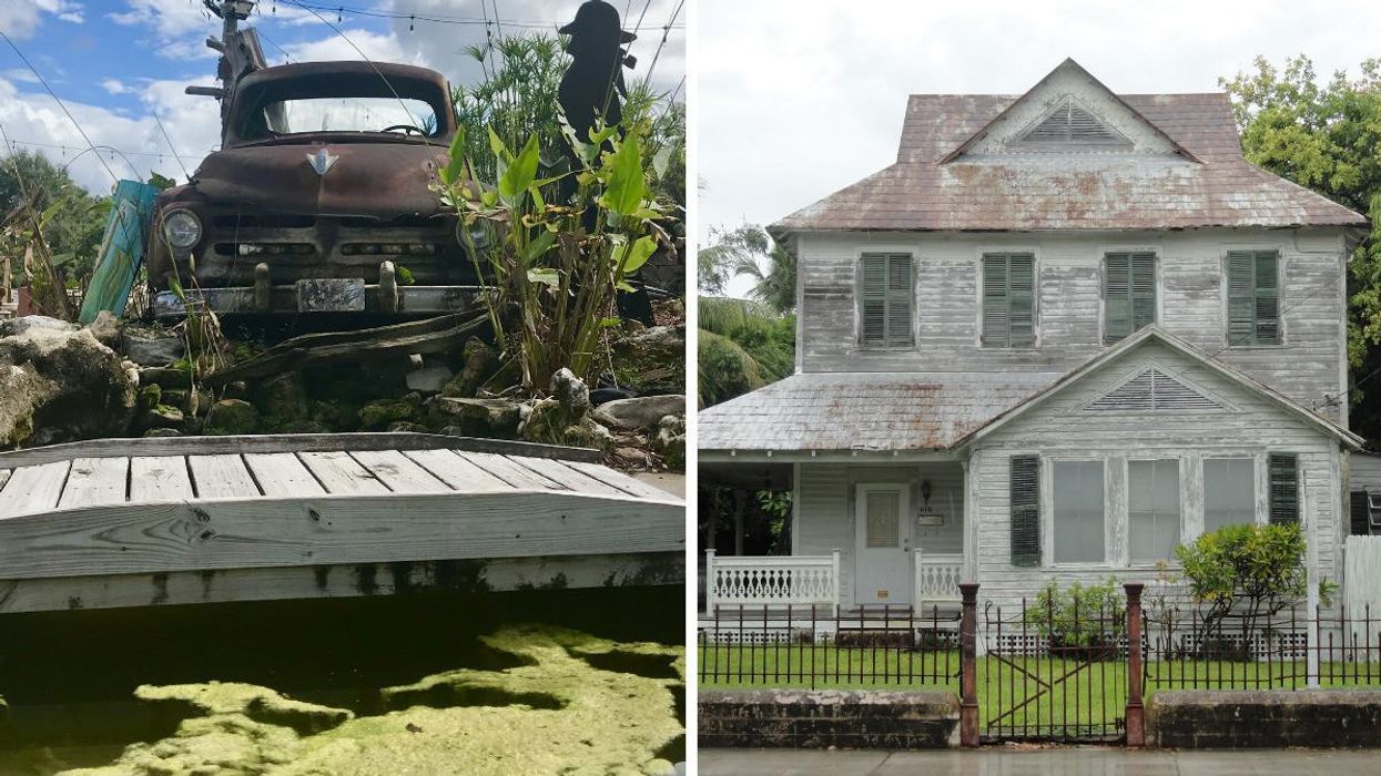 An abandoned car in Florida. Right: An abandoned mansion in Florida.