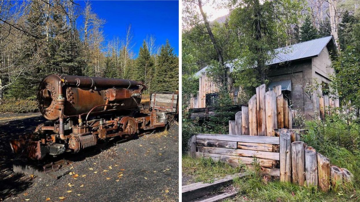 An abandoned train. Right: An abandoned building.