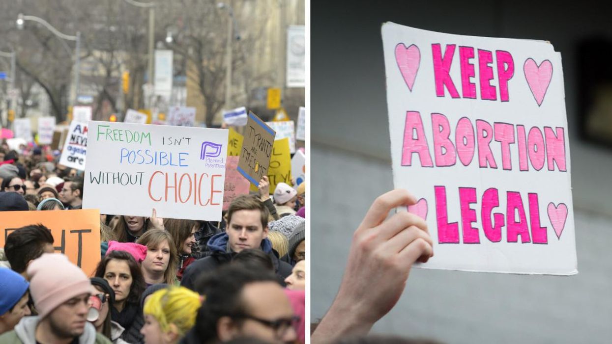 An abortion-rights protest in Toronto. Right: A protest sign that says, "Keep abortion legal."