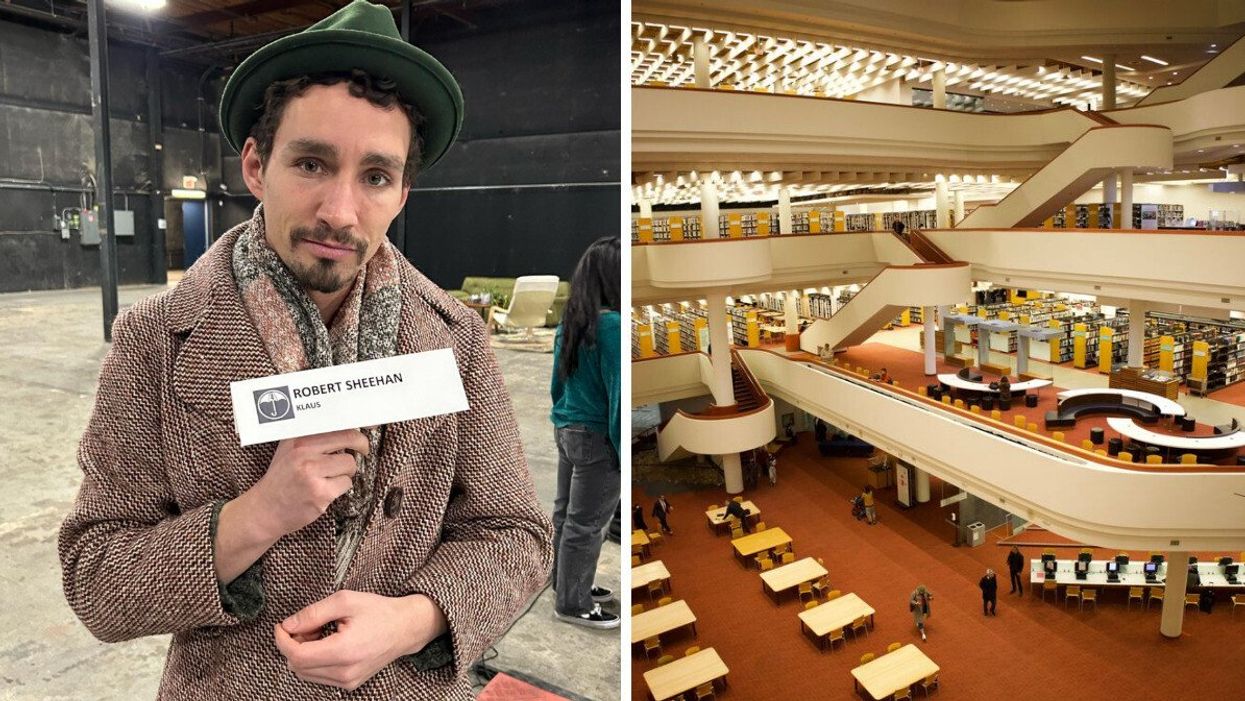 An actor holding up a name card. Right: The inside of a Toronto library.