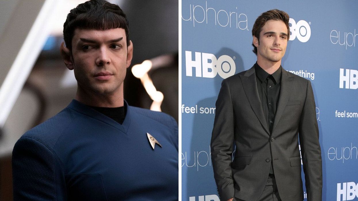 An actor in character with pointed ears in a Star Trek TV show. Right: A man in a suit posing for a photo.