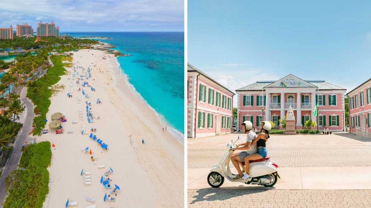 An aeiral view of a beach. Right: Two people driving by a pink building.