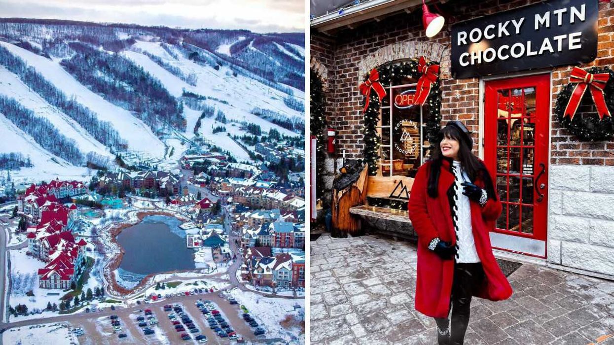 An aeiral view of a mountain-side village. Right: A person standing outside a chocolate store.