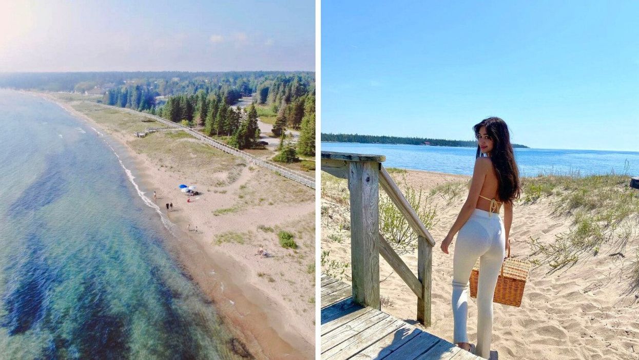 An aerial photo of a beach. Right: A person on a beach.