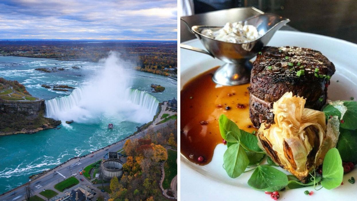 An aerial photo of a waterfall. Right: A steak dish.