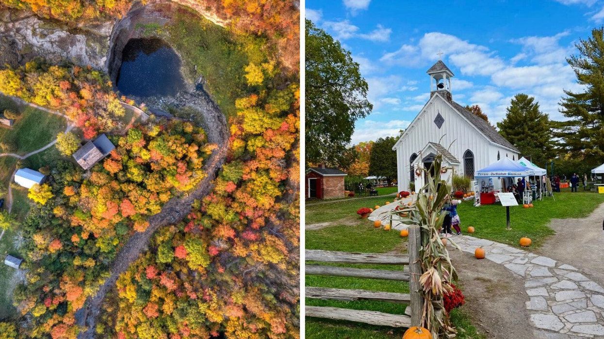 An aerial photo of a waterfall surrounded by autumn colours. Right: A historic church with pumpkins in front of it.