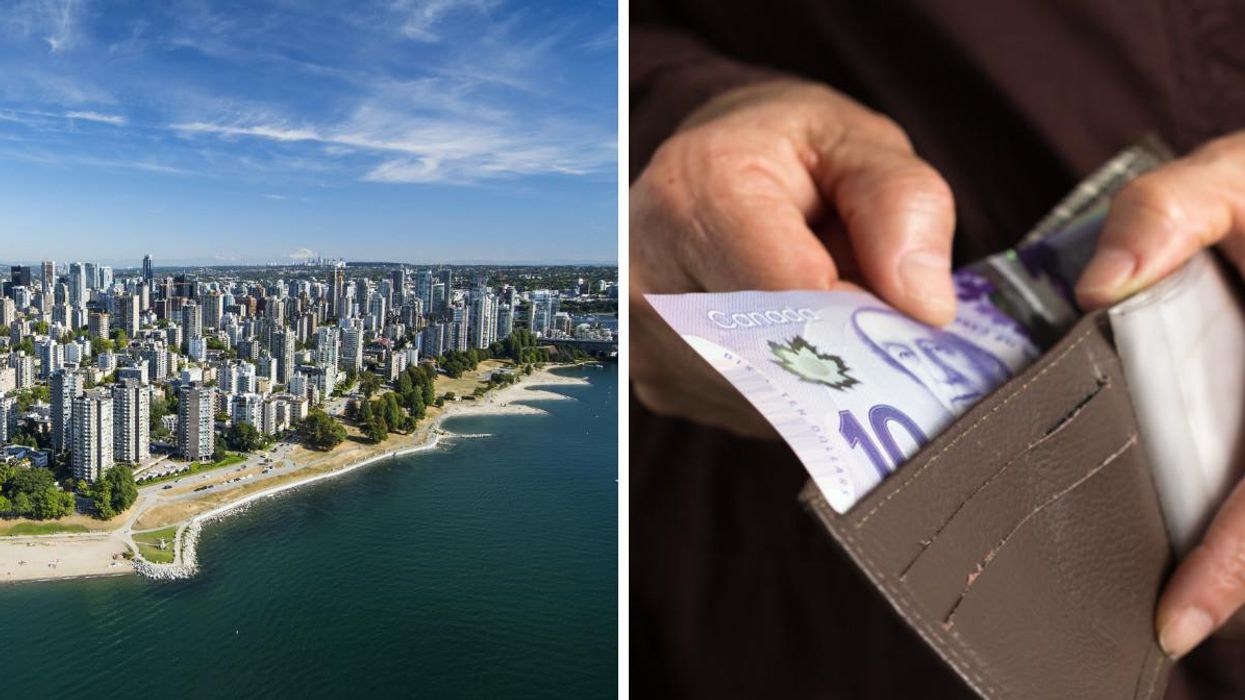 An aerial photo of Vancouver, B.C., right, a person putting Canadian money into a wallet.