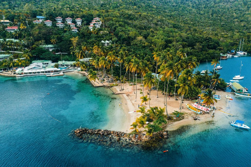 An aerial shot of Marigot Bay in Saint Lucia.