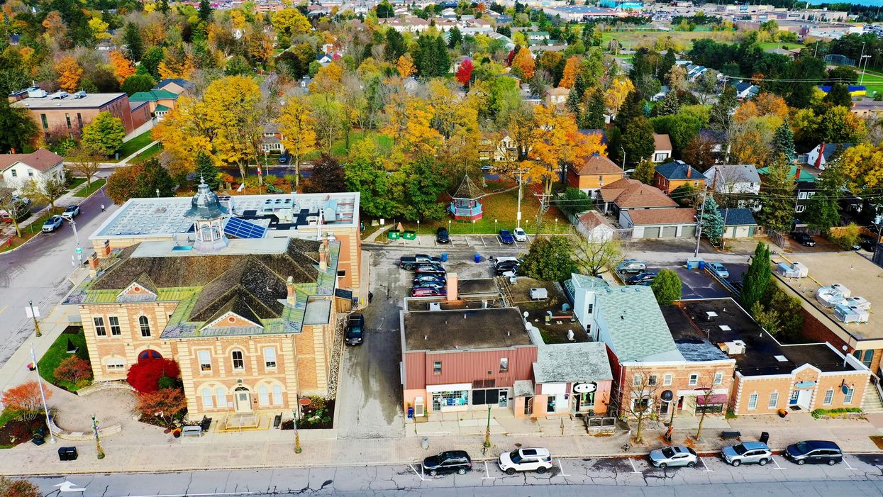An aerial shot of the town of Orangeville.