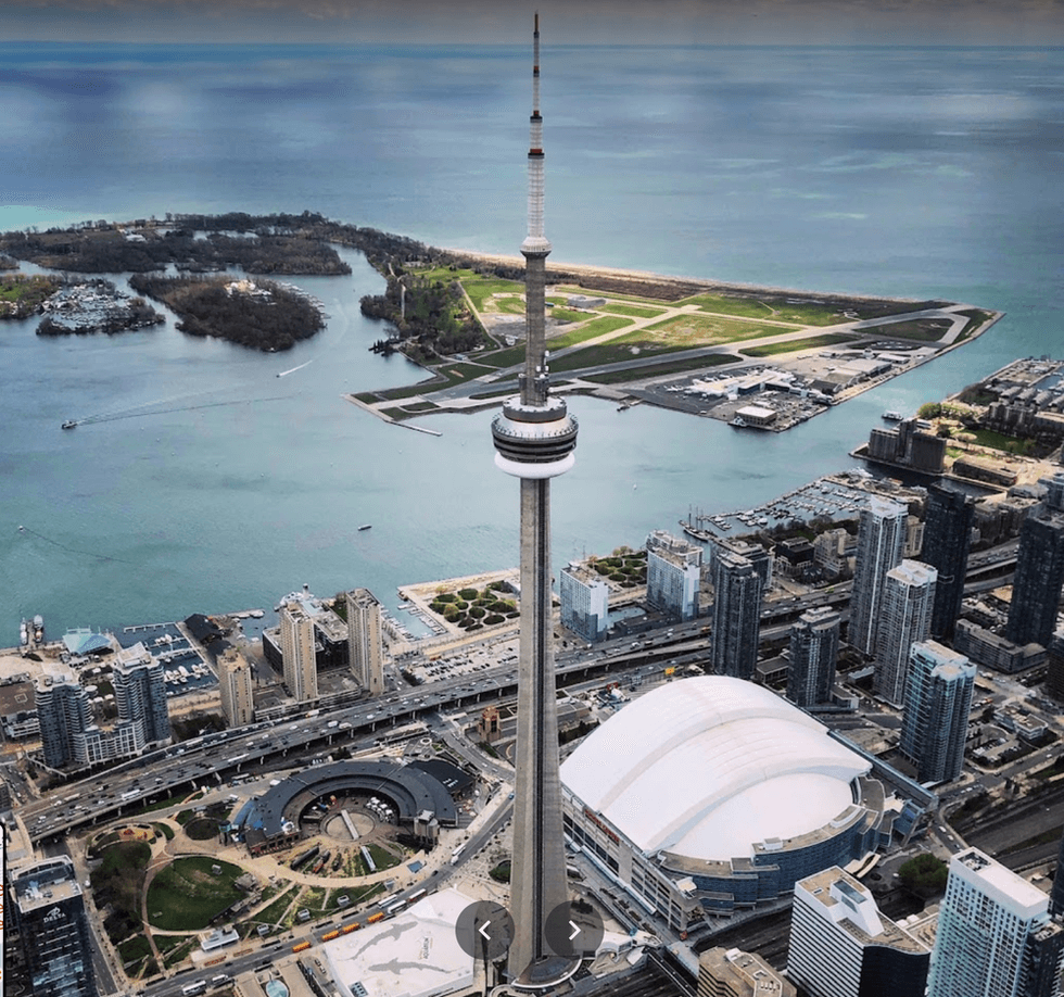 An aerial shot of Toronto with the CN Tower and Rogers Centre.